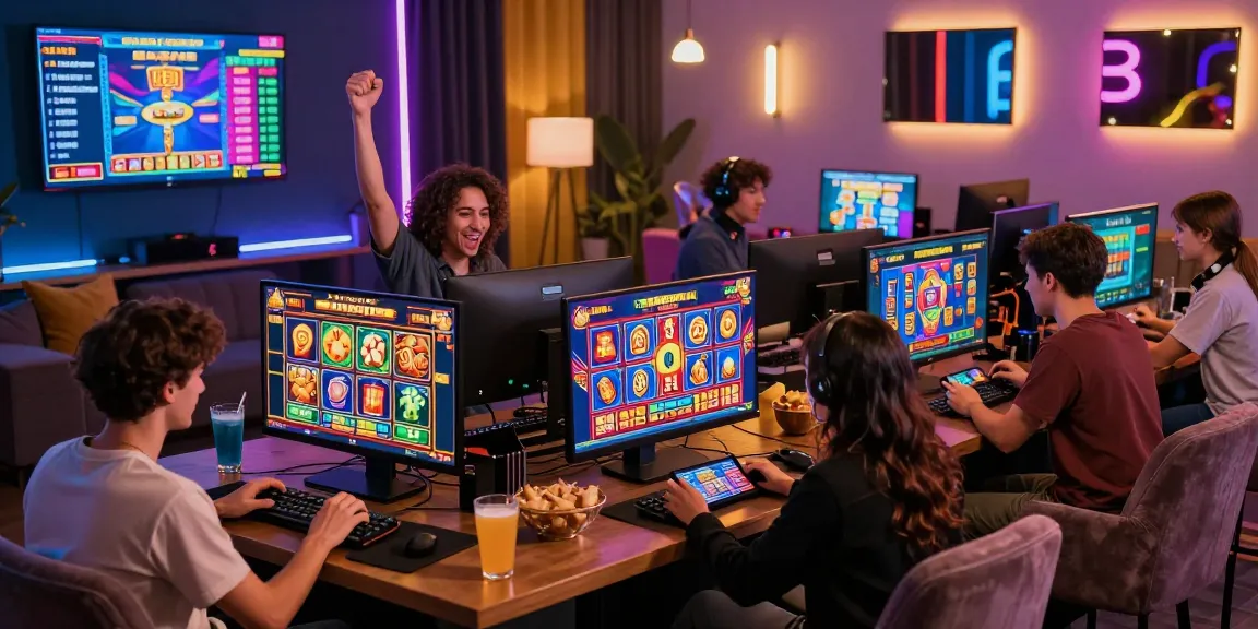 Players enjoying diverse slot deposit 5000 games in a vibrant gaming lounge, celebrating wins.