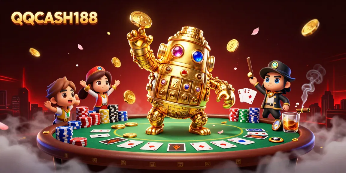 Experience thrilling gameplay at QQCASH188, featuring a dynamic scene with animated slot elements and casino characters.