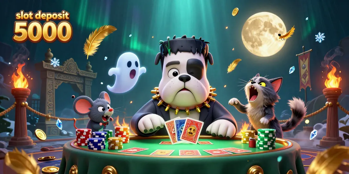 Engaging scene of slot deposit 5000 action with a whimsical bulldog dealer and vibrant casino elements