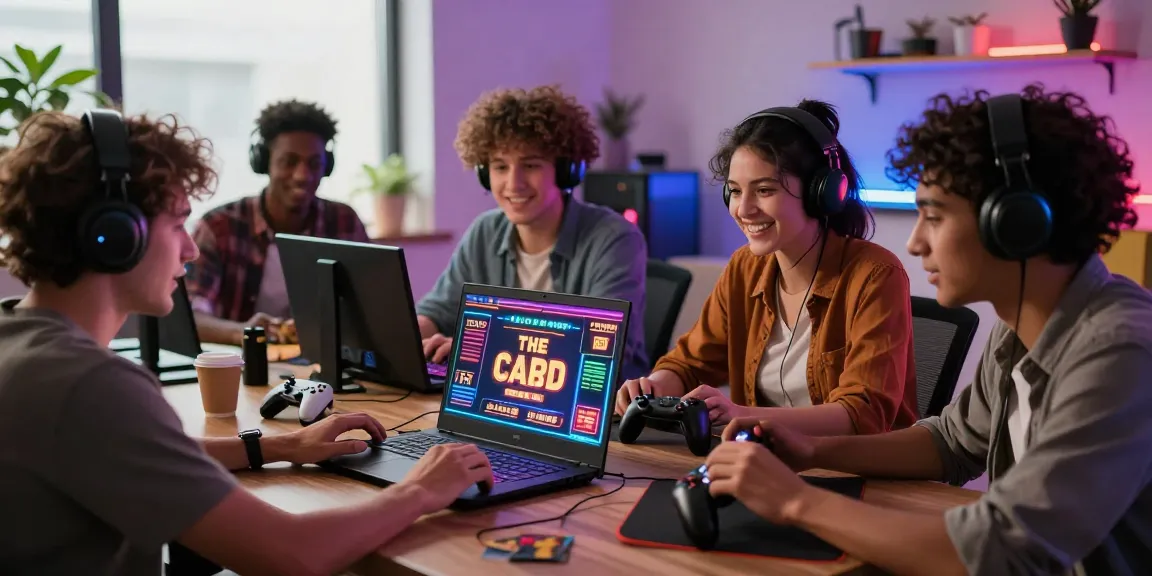 Freunde genießen Online-Spiele in einem Paysafe Card Casino mit lebhafter Atmosphäre und buntem Dekor.