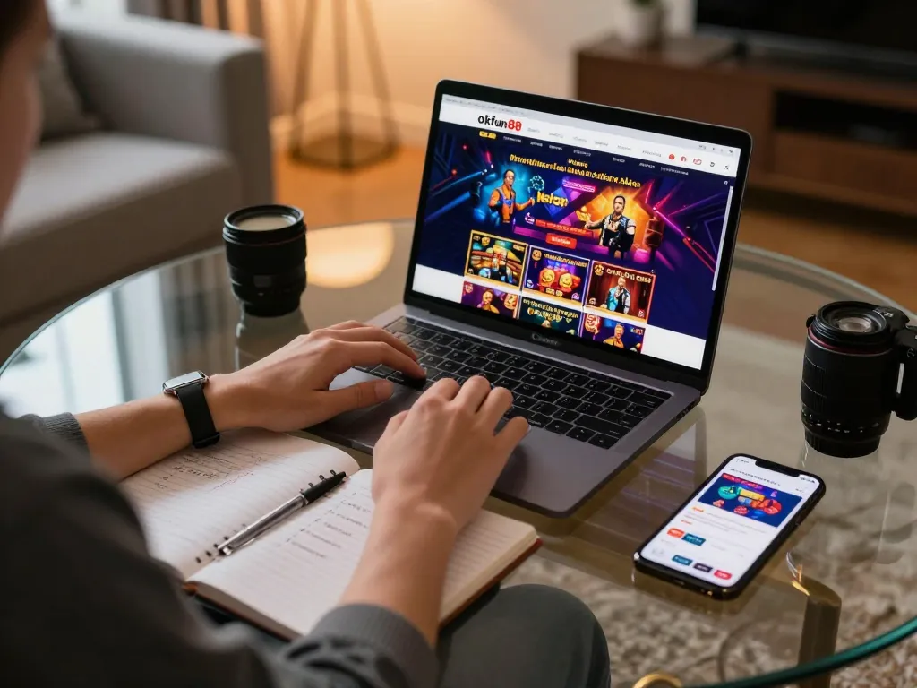 Engaging in online gaming on okfun88 with a laptop, showcasing vibrant casino games.
