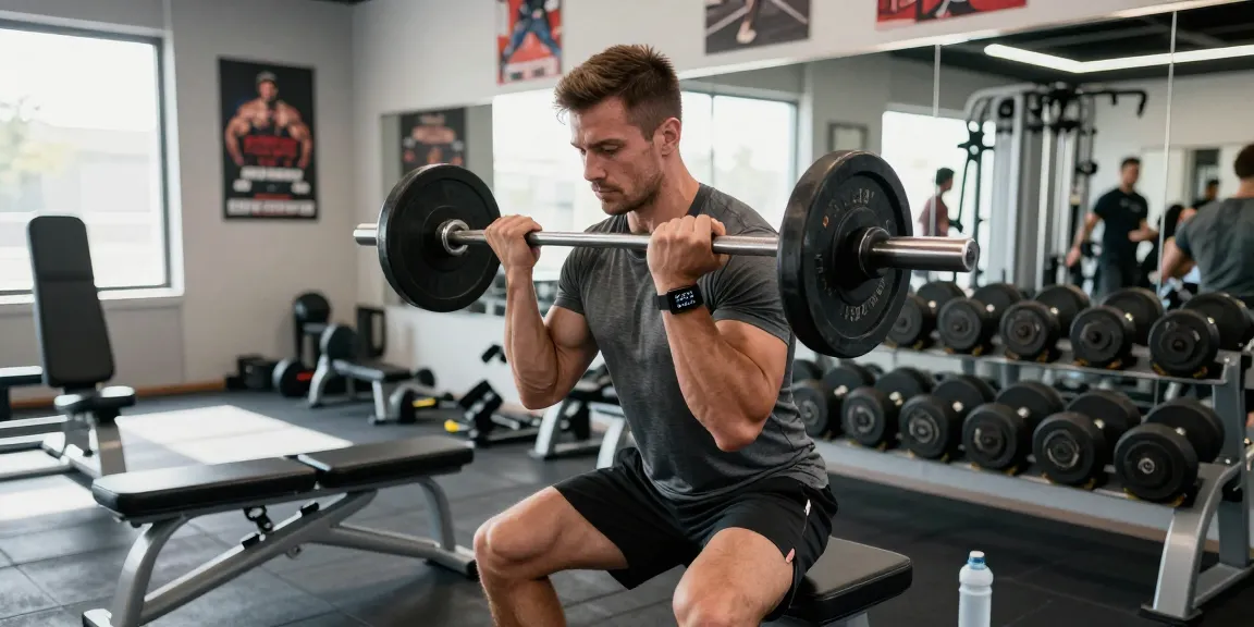 Steroidshop-Nutzer hebt Gewichte in einem modernen Fitnessstudio und zeigt Engagement für Bodybuilding.