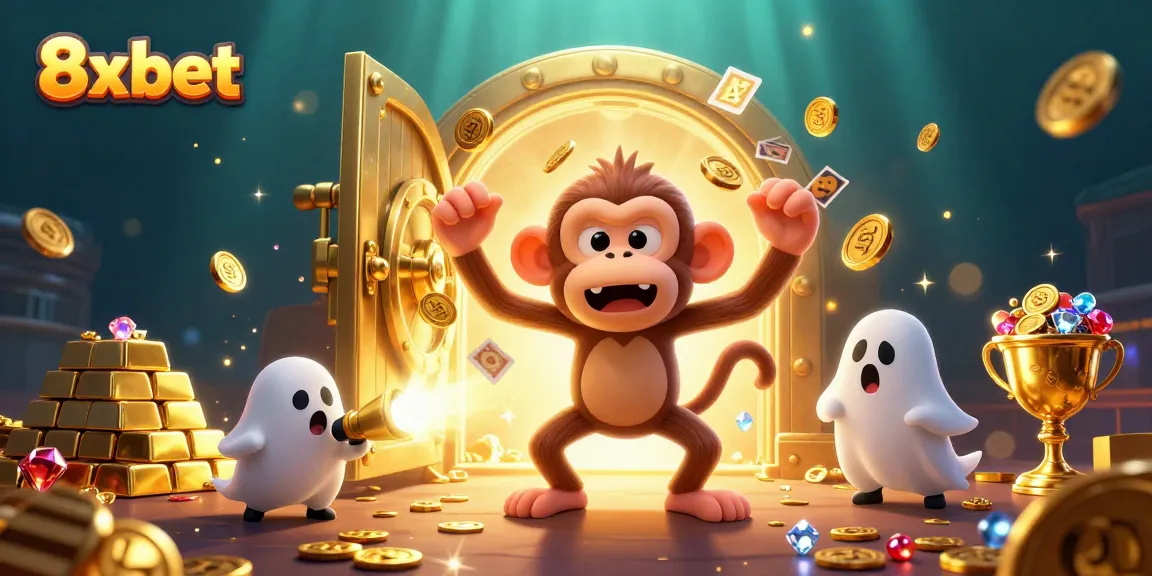 Engage with the lively 8x bet scene featuring a playful monkey and a curious puppy, surrounded by dazzling casino treasures.