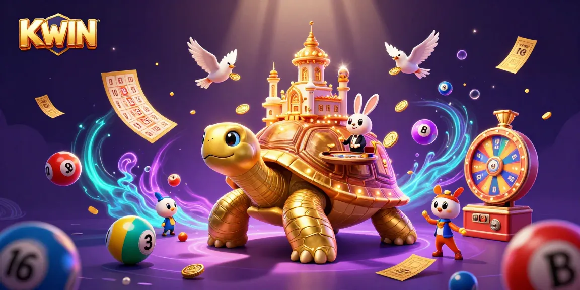 KWIN offers a vibrant casino experience with a golden tortoise, dealer rabbit, and flying coins.