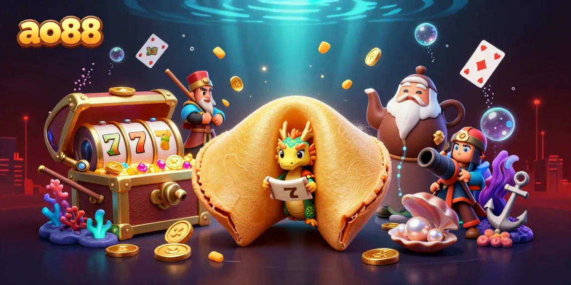 A dynamic scene featuring ao88's golden fortune cookie unleashing riches, surrounded by vibrant casino elements.