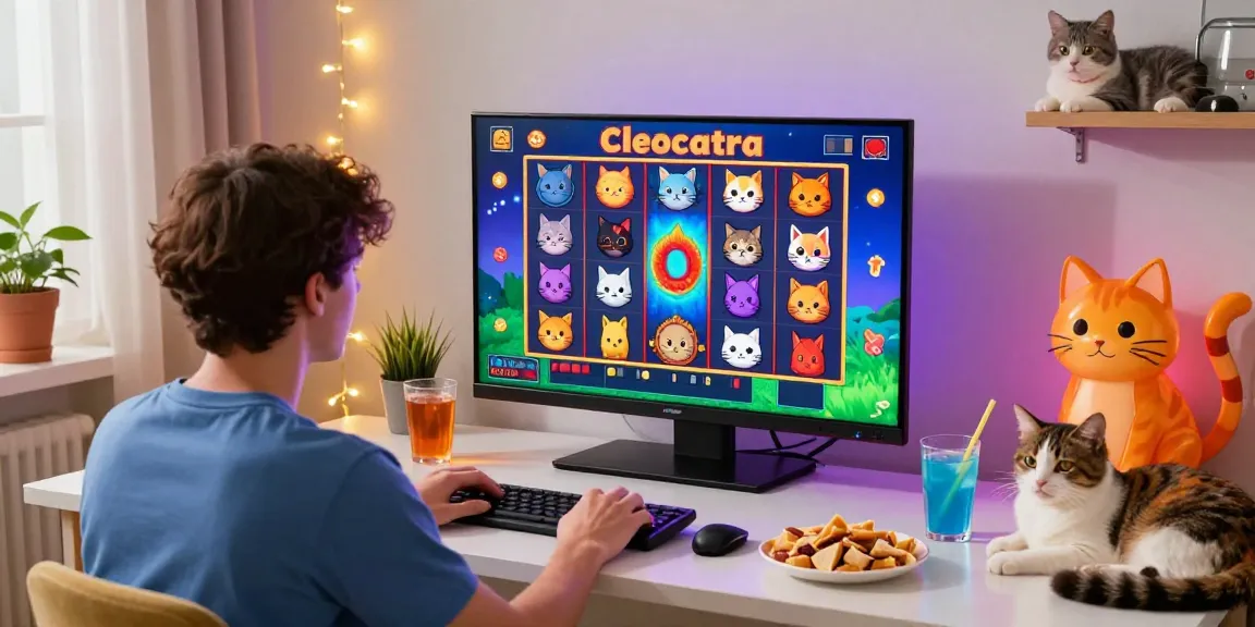 Engaging scene of players enjoying the Cleocatra slot game at home with festive decor.
