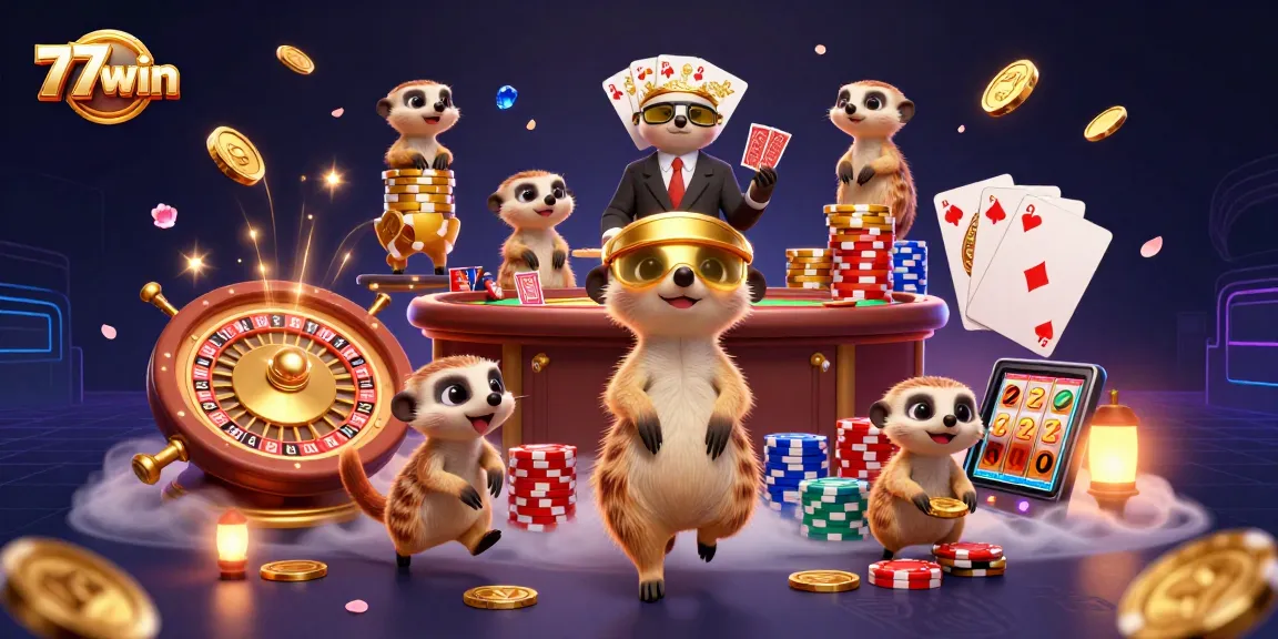 Experience the excitement of 77win with meerkats in a vibrant casino scene.