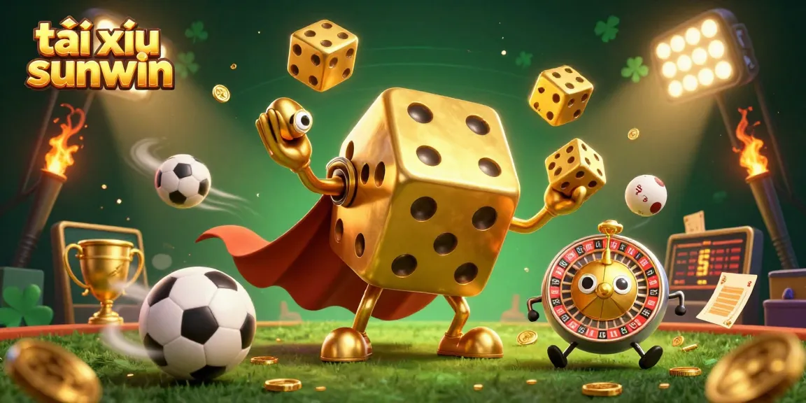 Juggle smaller golden dice and play tài xỉu sunwin with dynamic sports elements and a golden trophy.