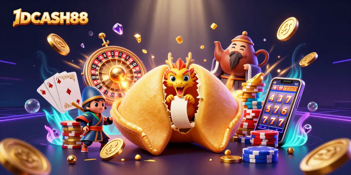 Experience winning thrills with IDCASH88 as a tiny dragon reveals fortunes amid a flurry of coins and casino elements.
