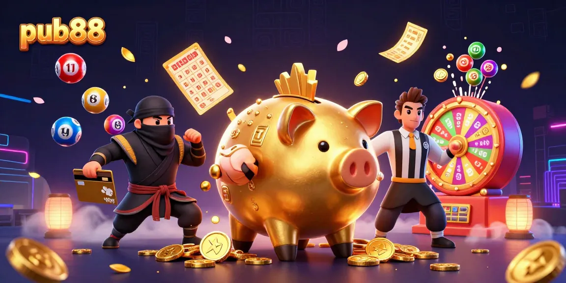 Engage with dynamic gaming action at pub88 featuring an enormous golden piggy bank wrestler and colorful lottery elements.