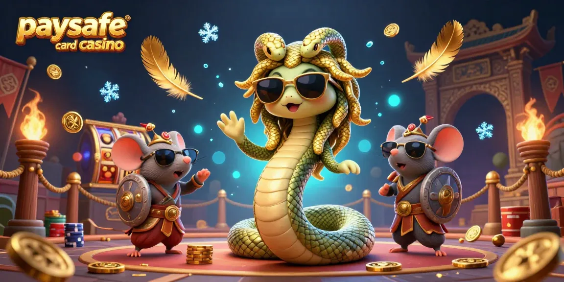 Paysafe Card Casino-Szene mit Medusa und einer kriegerischen Maus, umgeben von dynamischen Casino-Elementen.