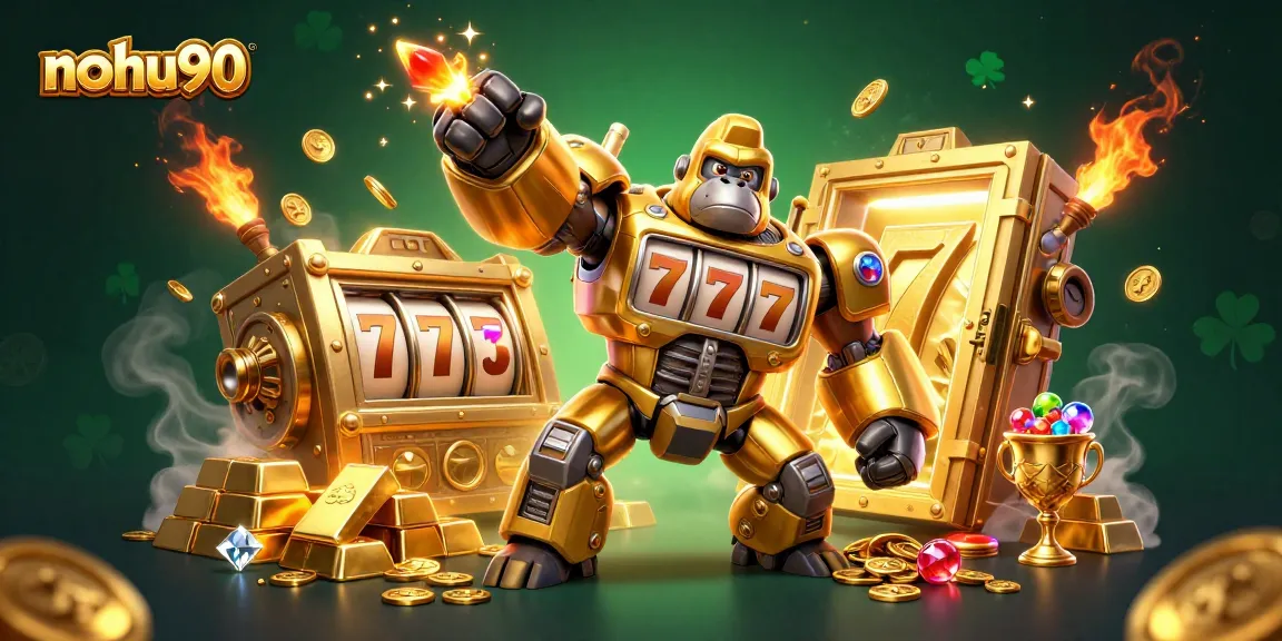 Nohu90 showcases an explosive gaming scene with a golden gorilla mech, jackpots, and treasure surrounded by glimmering wealth.