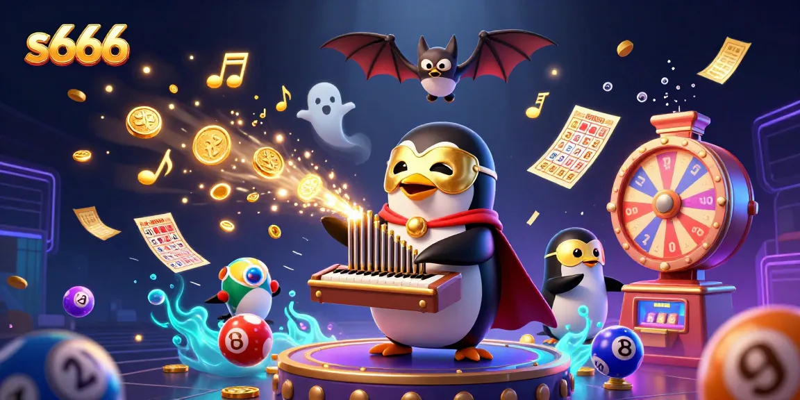 Experience the excitement of s666 with the phantom penguin playing a golden pipe organ surrounded by vibrant casino elements.