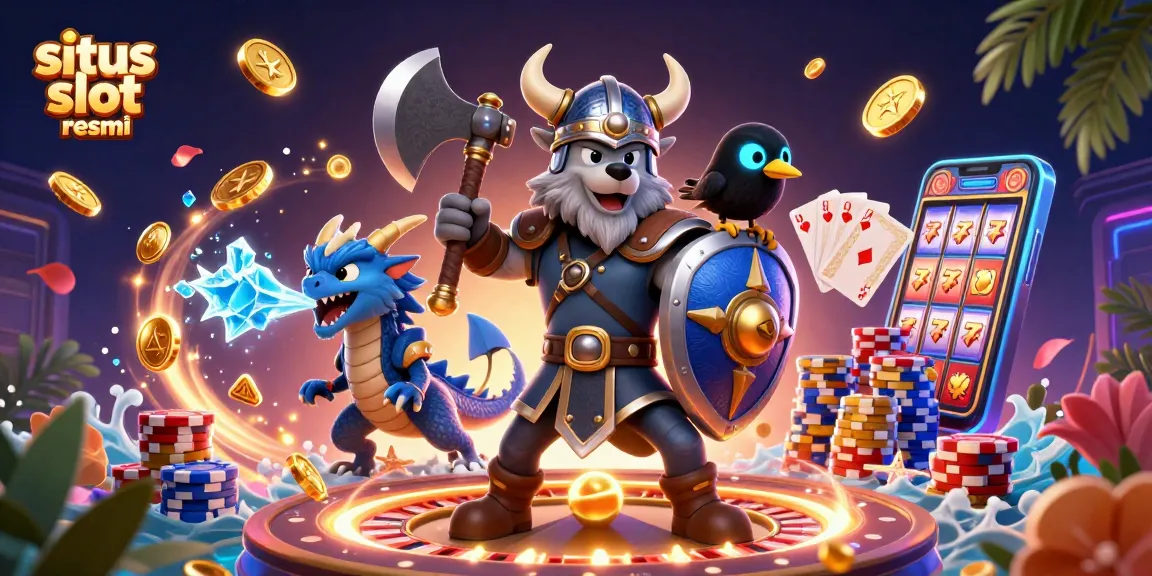 Experience excitement with situs slot resmi as a Viking warrior and dragon celebrate wins in this casino illustration.