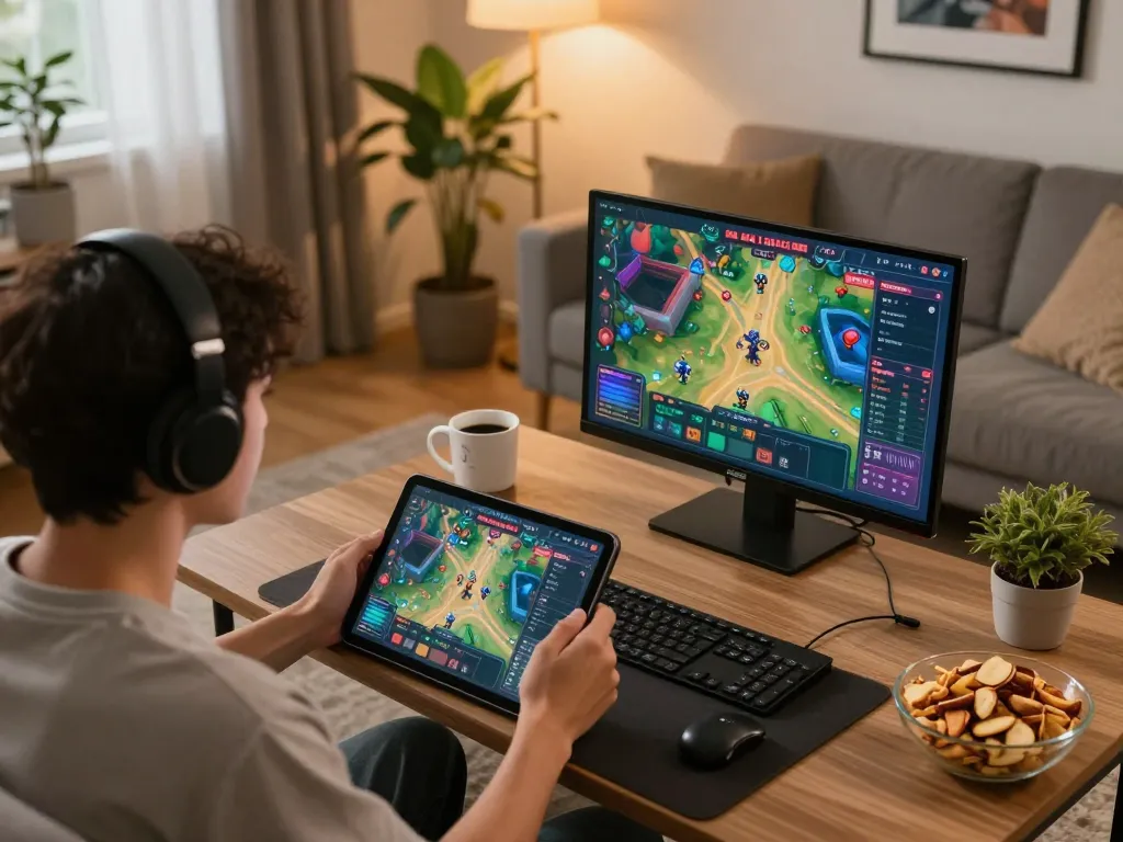 Engaged player participating in game bài đổi thưởng on tablet, showcasing a vibrant online gaming experience.