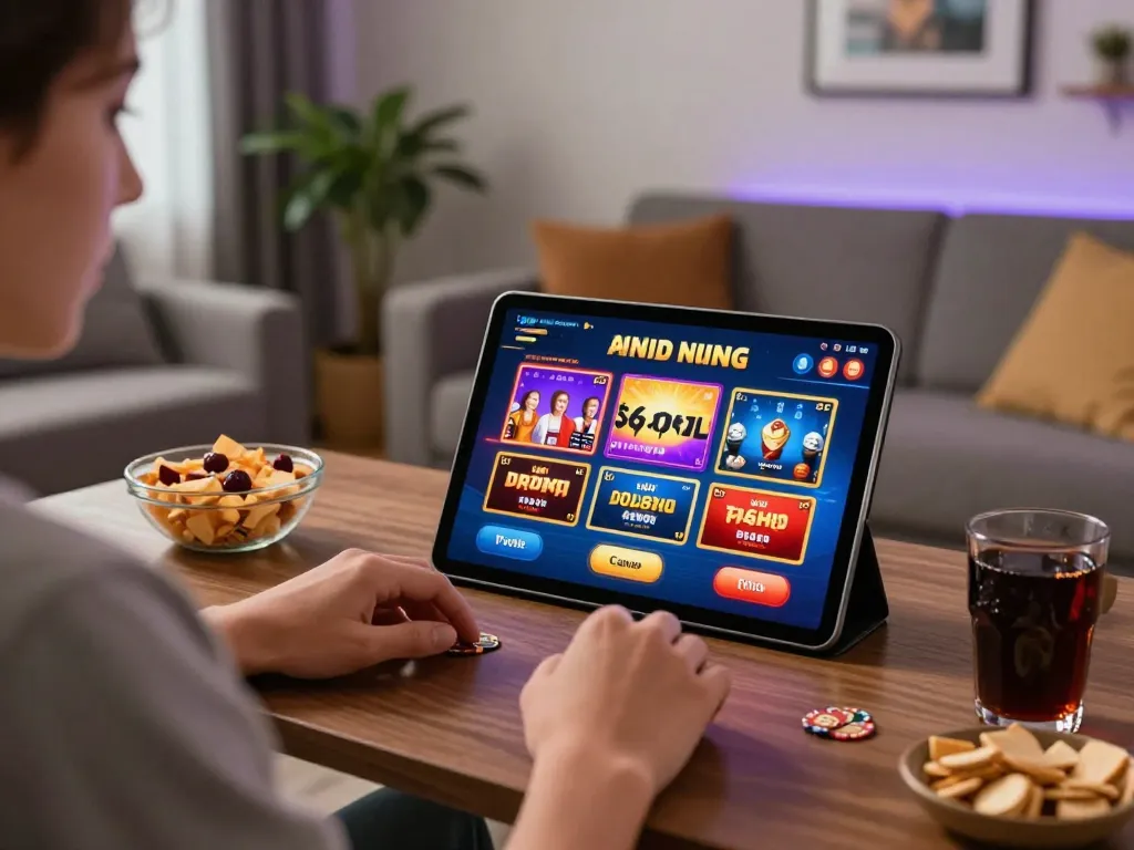 Engaging in online gaming at jun88 pizza's vibrant casino setup in a cozy living room