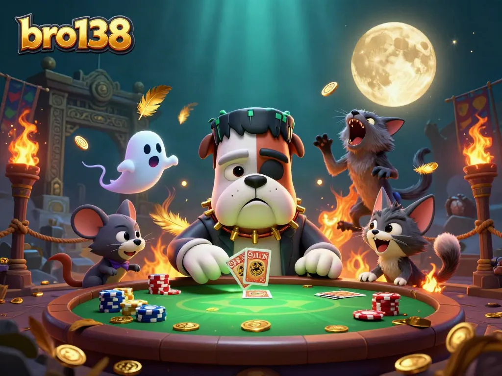 Engage in thrilling gaming at bro138, featuring card deals with a whimsical monster and casino ambiance.