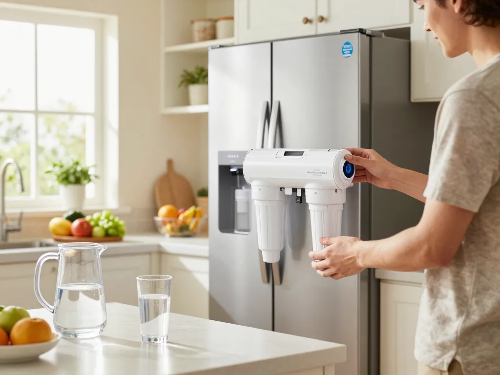 Replacing the Waterdrop Plus DA29-00003G NSF 401 Refrigerator Water Filter in a bright home kitchen with fresh produce.