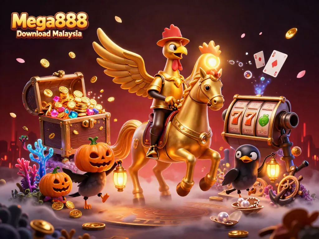 Experience Mega888 download Malaysia with vibrant casino action featuring a golden rooster and treasure.