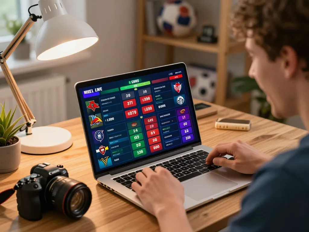 Person placing strategic bets while analyzing game stats on a laptop for 78 WIN.