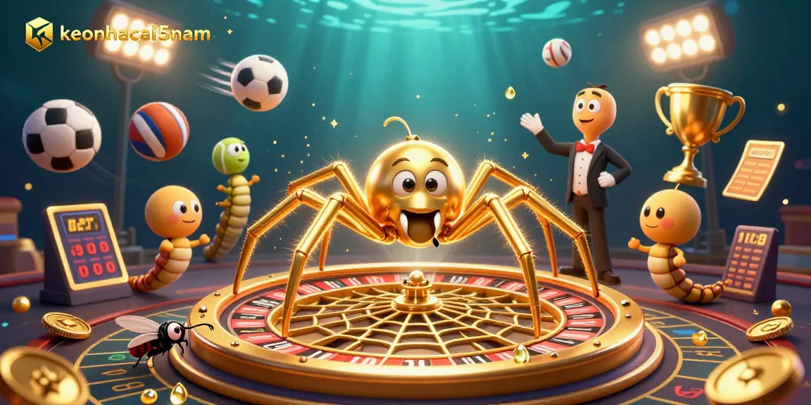 Engage in thrilling bets with keonhacai5nam, featuring a golden spider and dynamic sports elements.