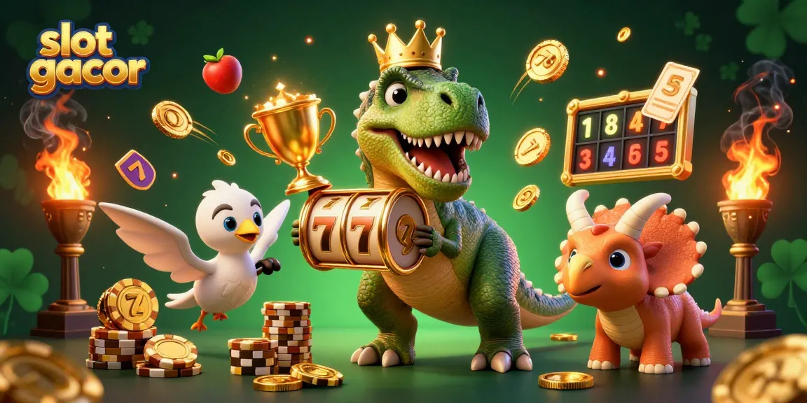 Slot gacor scene with cartoon T-Rex, pterodactyl, and triceratops playing slots, stacking chips, and surrounded by gold coins.