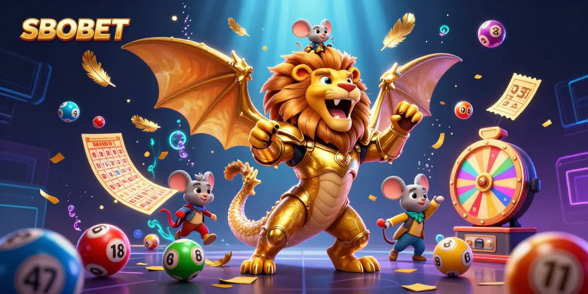 Experience thrilling SBOBET action with a roaring chimera and dynamic lottery elements in a captivating illustration.