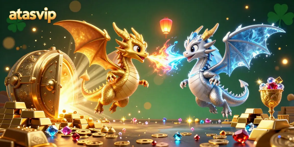 Experience exciting gaming at atasvip with intertwined dragons amidst sparkling treasures, showcasing vibrant casino elements.