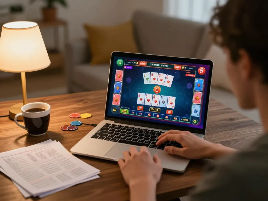 Scène engageante de casino en ligne montrant une personne profitant d'une expérience de jeu de retrait immédiat de casino depuis chez elle, tablette avec interface de pari en focus.