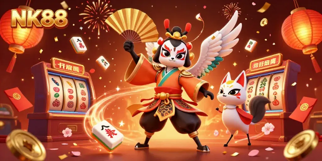Experience the thrill of NK88 with a vibrant online casino scene featuring kabuki crane warriors.