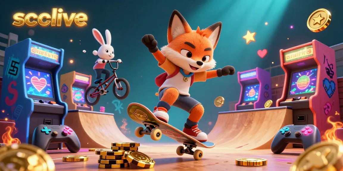 Socolive showcases a vibrant 3D illustration of a fox skateboarder performing tricks over golden poker chips amidst lively arcade elements.