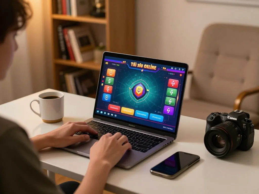 Playing tài xỉu online on a laptop with colorful graphics and cozy gaming setup
