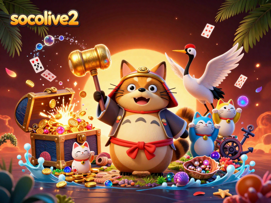 Socolive2 showcases a vibrant 3D scene featuring tanuki and samurai crane with lucky elements, enhancing gaming excitement.
