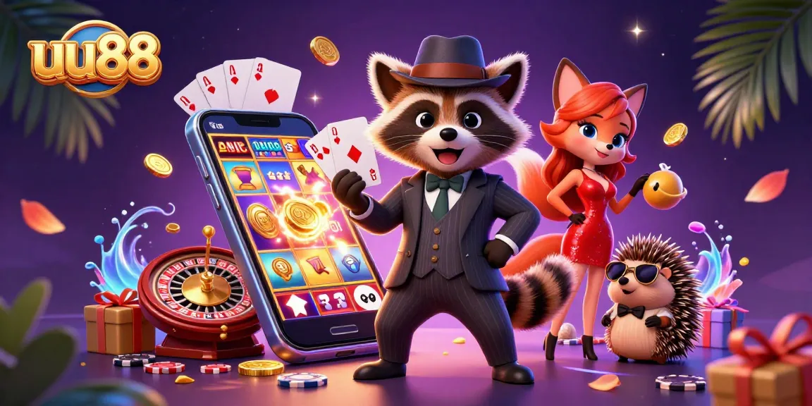 uu88 showcases exciting casino fun featuring a suave raccoon in a tux holding cards, accompanied by a fox lady, all amidst vibrant slot game action.