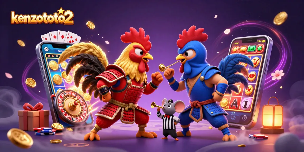 Mainkan slot jackpot di kenzototo2 dengan ilustrasi ayam bertarung di arena yang menarik.