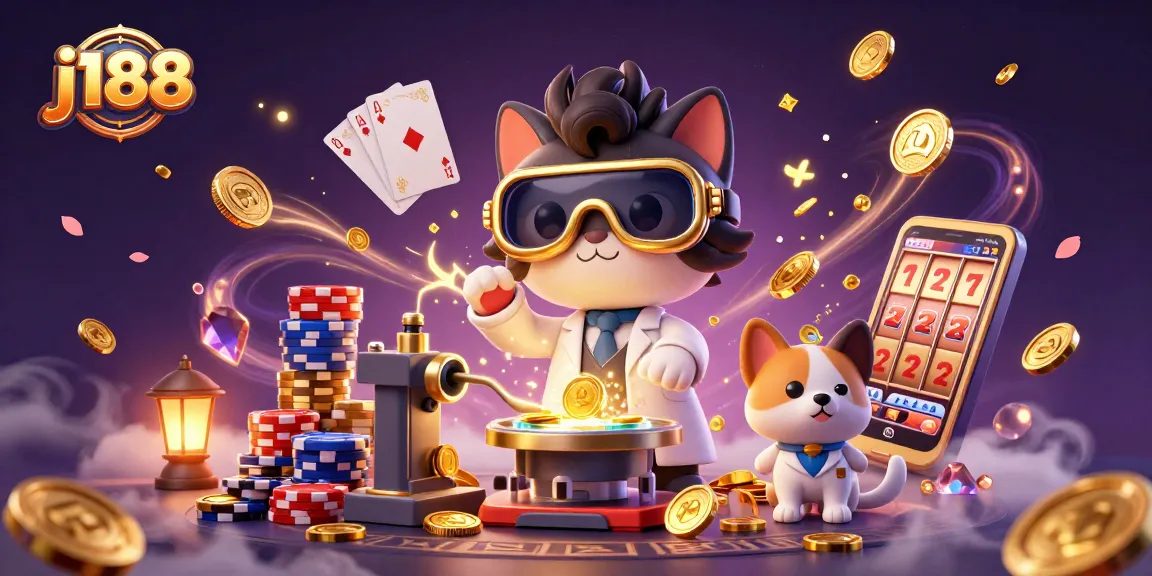Spin the reels at j188 with a mad scientist cat and dog in a vibrant casino scene.