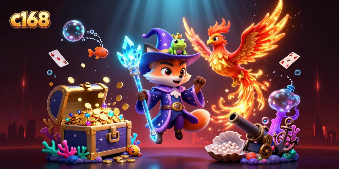 Engage with the exciting c168 gaming world featuring a wizard fox, phoenix, and dynamic casino elements.