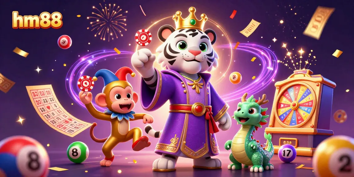 Experience the excitement of hm88 with a vibrant illustration featuring a white tiger and a golden monkey in a casino-themed scene.