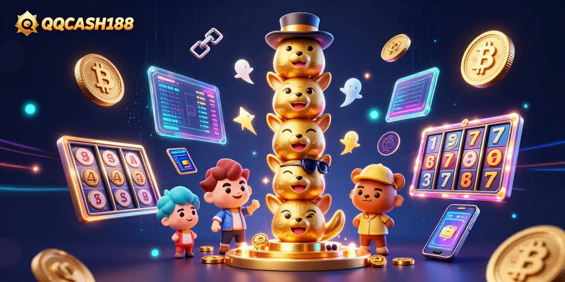 Play exciting slot games at QQCASH188 with golden totem pole and vibrant crypto elements.