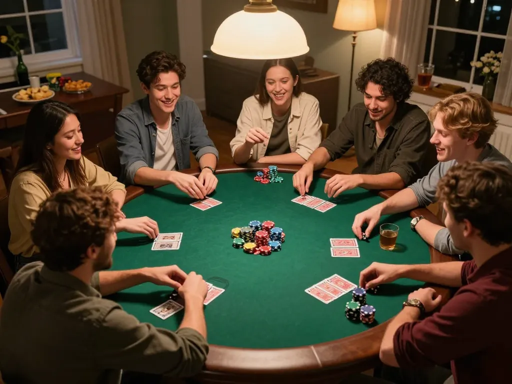 Friends enjoying a poker night with keonhacai strategy, lively interaction, and snacks on the table.