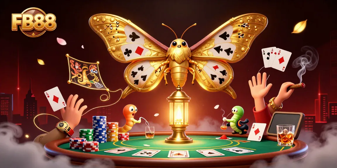 Experience the magic of FB88 as the vibrant atlast moth illuminates a bustling casino scene filled with poker excitement.