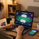 KJC player engaged in strategic online poker on a laptop in a cozy home setting, reflecting responsible gaming.