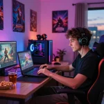 Immersed player enjoying online porn games on a gaming laptop in a cozy apartment.