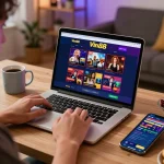 Engaging online gaming with Vin88's platform showing casino options in a cozy home setting