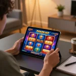 Engaging online gameplay of slot pulsa on tablet, showcasing vibrant graphics and player concentration.
