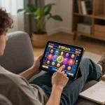 Engaging in 918Kaya online gaming while managing login and registration on a tablet in a cozy home setting.