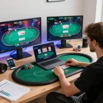 Player enjoying a thrilling sunwingo online poker game in a cozy home setup with strategy notes