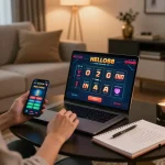 Engaged player exploring HELLO88 casino app on laptop in cozy home setup.