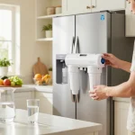 Replacing the Waterdrop Plus DA29-00003G NSF 401 Refrigerator Water Filter in a bright home kitchen with fresh produce.