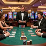 Players enjoying blackjack at qq8827 table with focused anticipation, showcasing elite casino atmosphere.